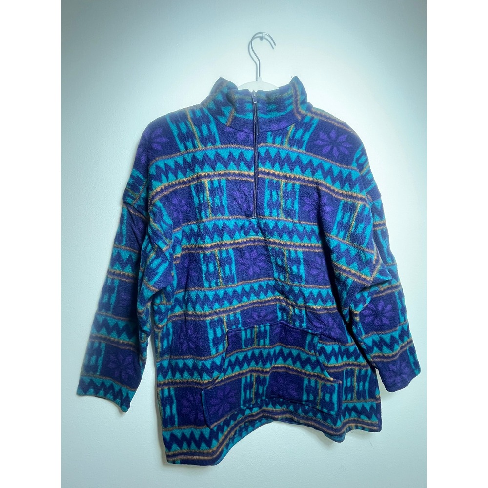 Vintage 90s Fleece Pullover Quarter Zip Geometric Snowflake Teal Purple Large